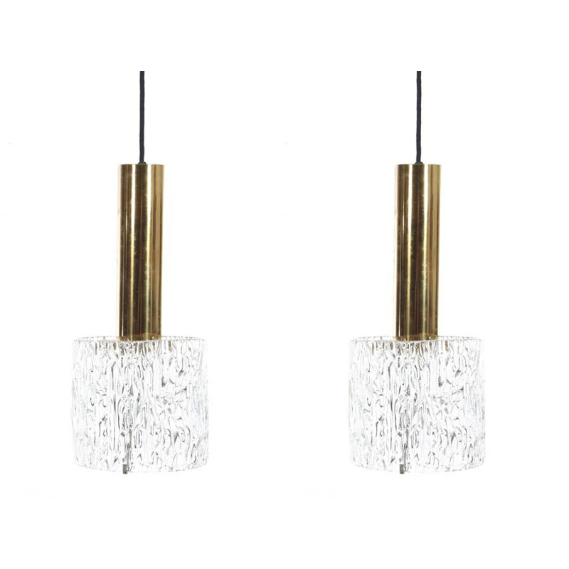 Pair of vintage hanging lamps with glass and brass - 1960s