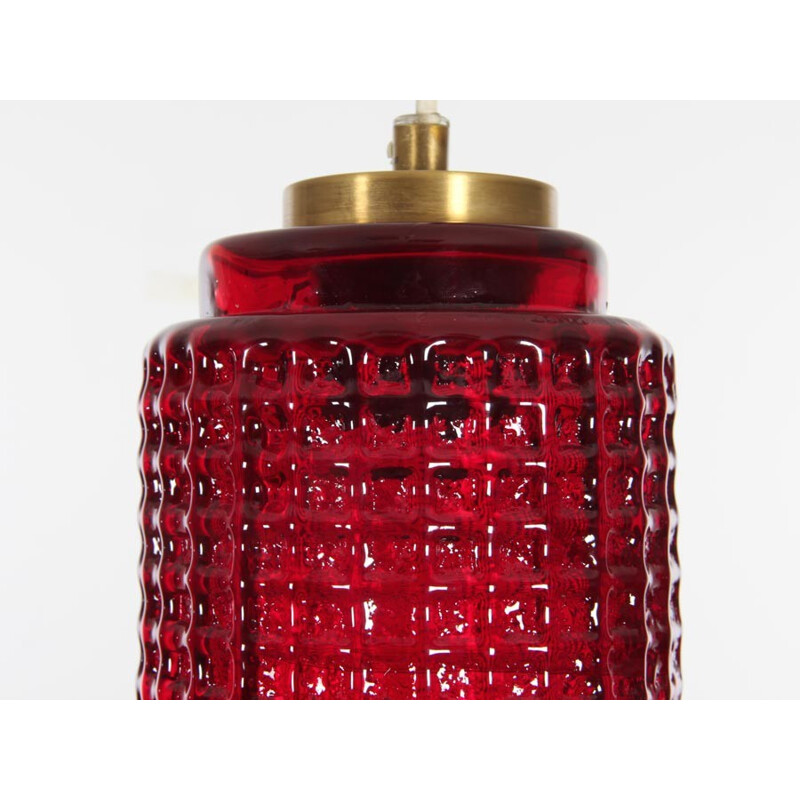 Vintage Scandinavian red glass hanging lamp - 1960s