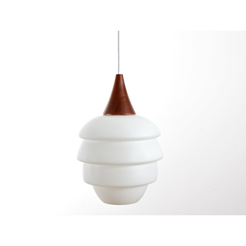 Scandinavian vintage opaline and teak hanging lamp, 1960