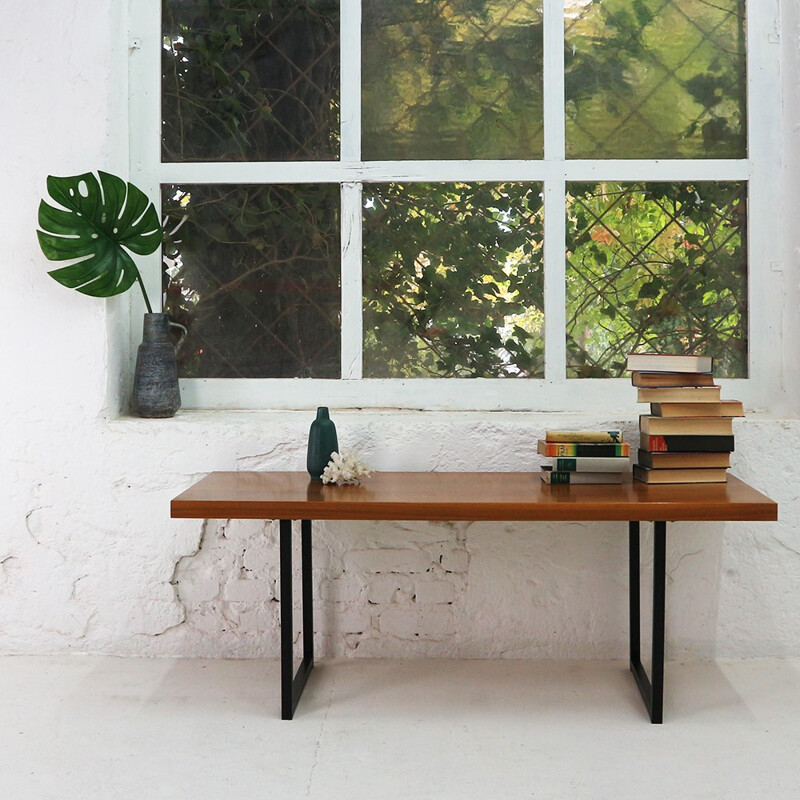 Vintage walnut coffee table with black steel base, 1960