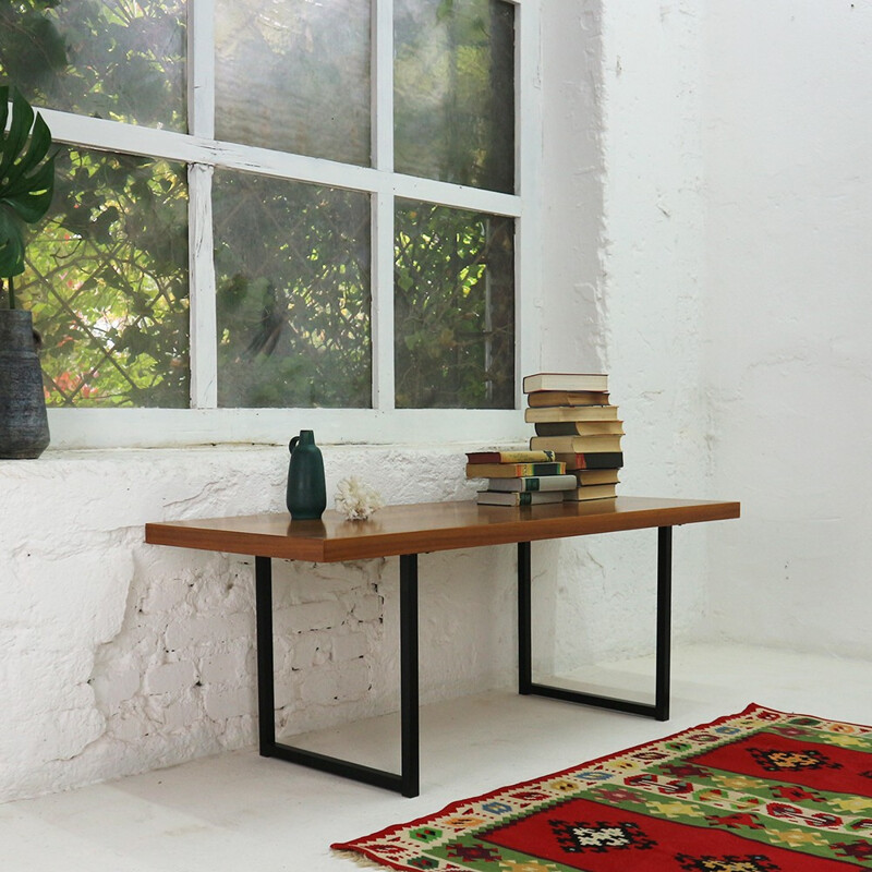 Vintage walnut coffee table with black steel base, 1960