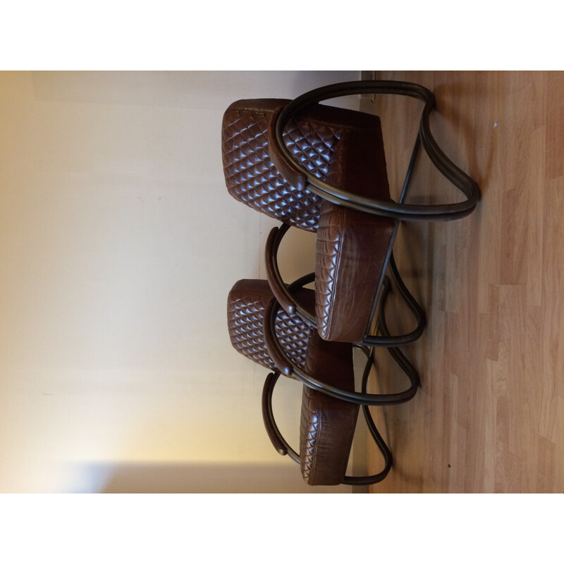 Paire de fauteuils vintage en cuir marron - 1970