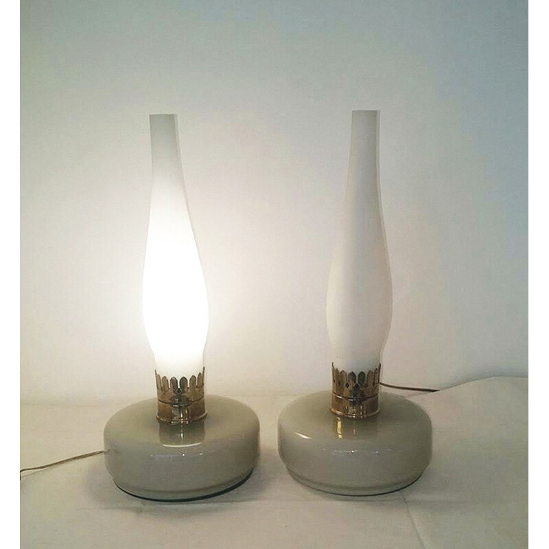 Paire de lampes en verre de Murano et opaline - 1950