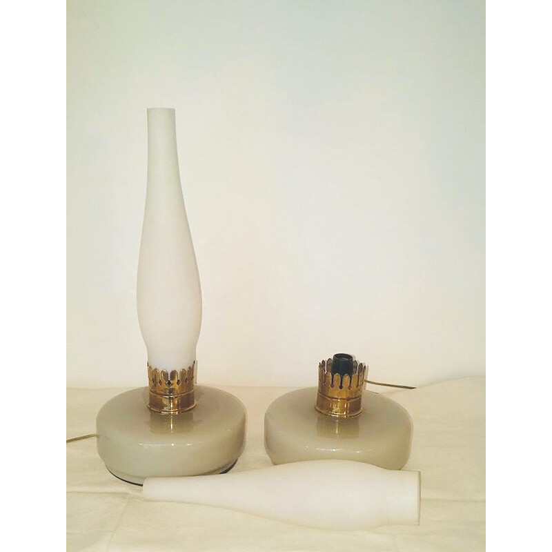 Paire de lampes en verre de Murano et opaline - 1950