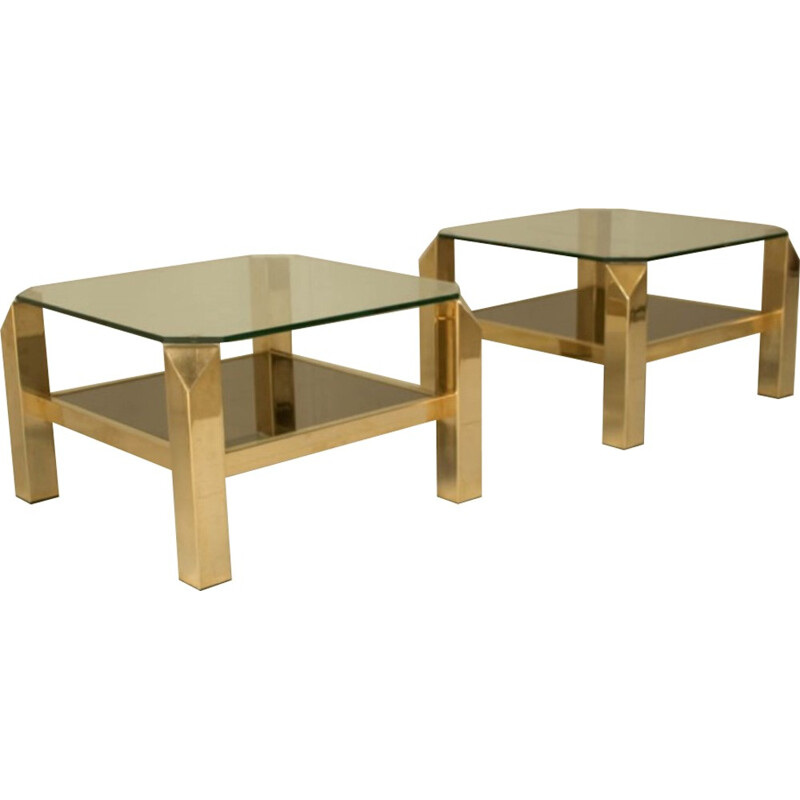 Pair of golden coffee table made of brass and glass for Belgochrome - 1970s