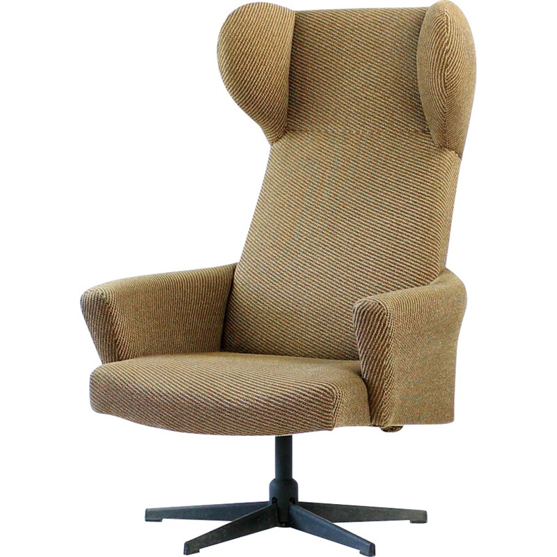 Swivel Wing Chair in Original Brown Fabric, Czechoslovakia - 1970s