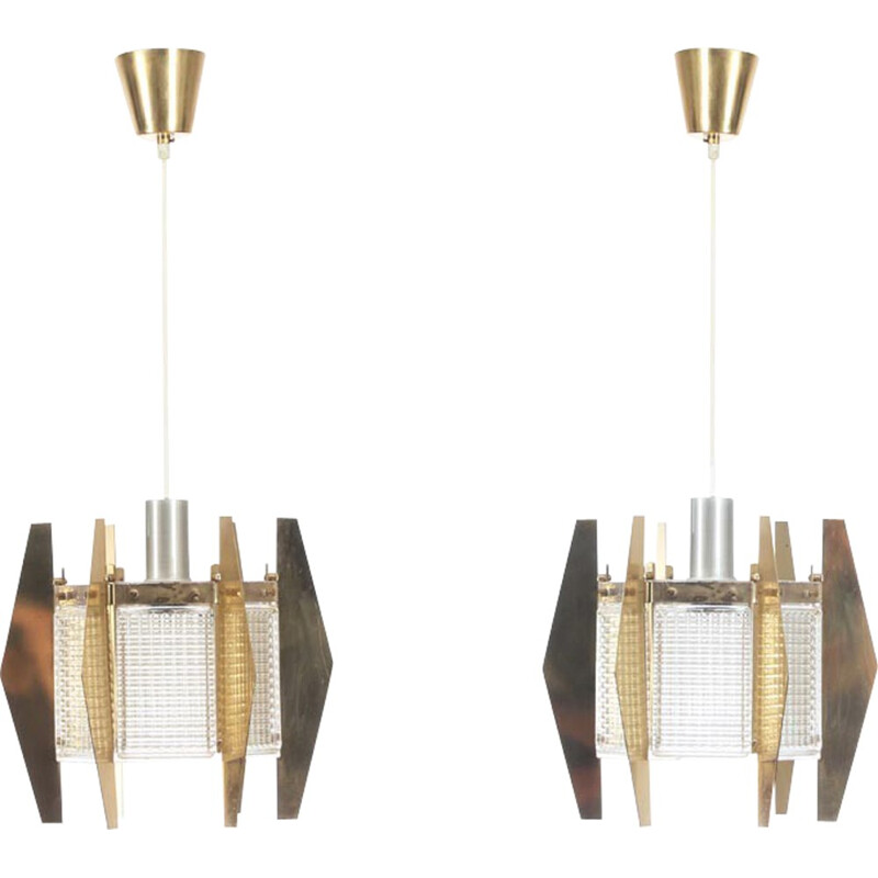 A pair of Scandinavian glass and brass hanging lamps by Carl Fagerlund for Orrefors - 1960s