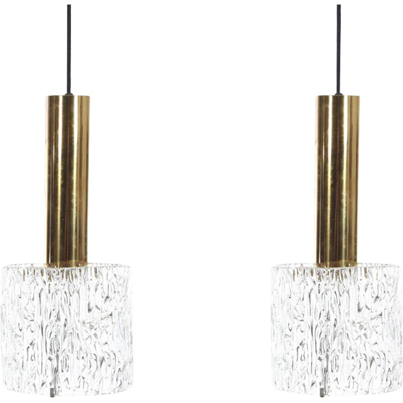 Pair of vintage hanging lamps with glass and brass - 1960s