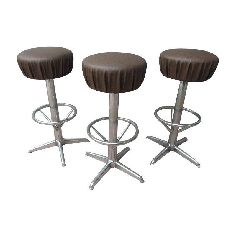 Set of 3 bar stools in brown leatherette - 1950s