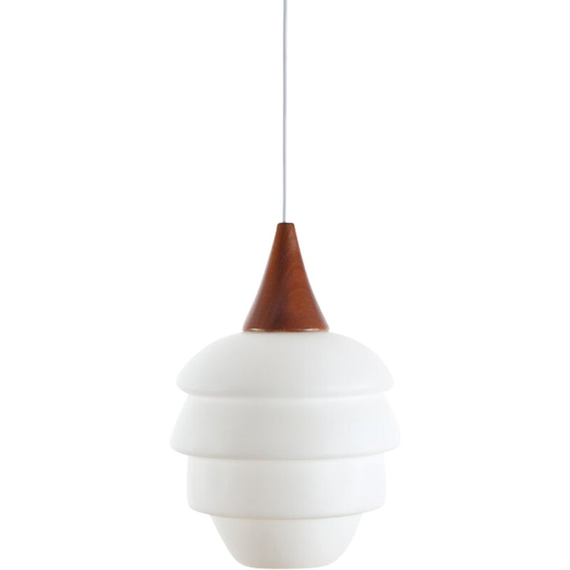 Scandinavian vintage opaline and teak hanging lamp, 1960