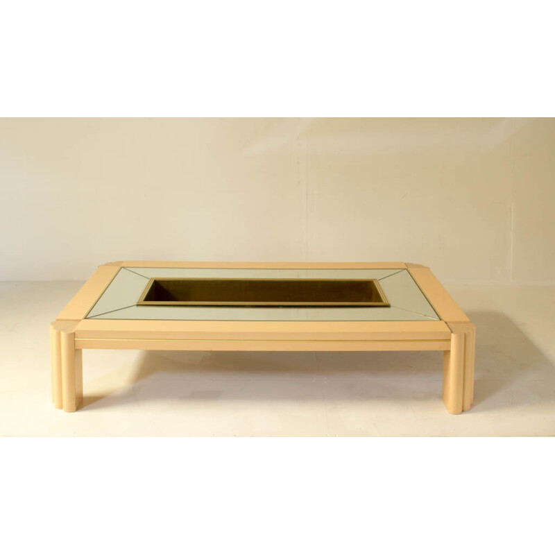 Vintage coffee table in brass and wood by Alain Delon for Sabot - 1970s