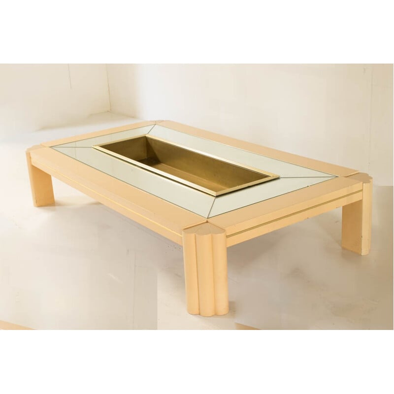 Vintage coffee table in brass and wood by Alain Delon for Sabot - 1970s