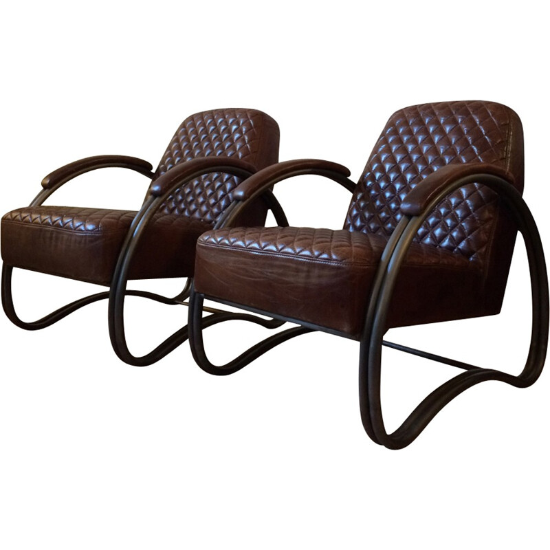 Pair of vintage brown leather armchairs - 1970s