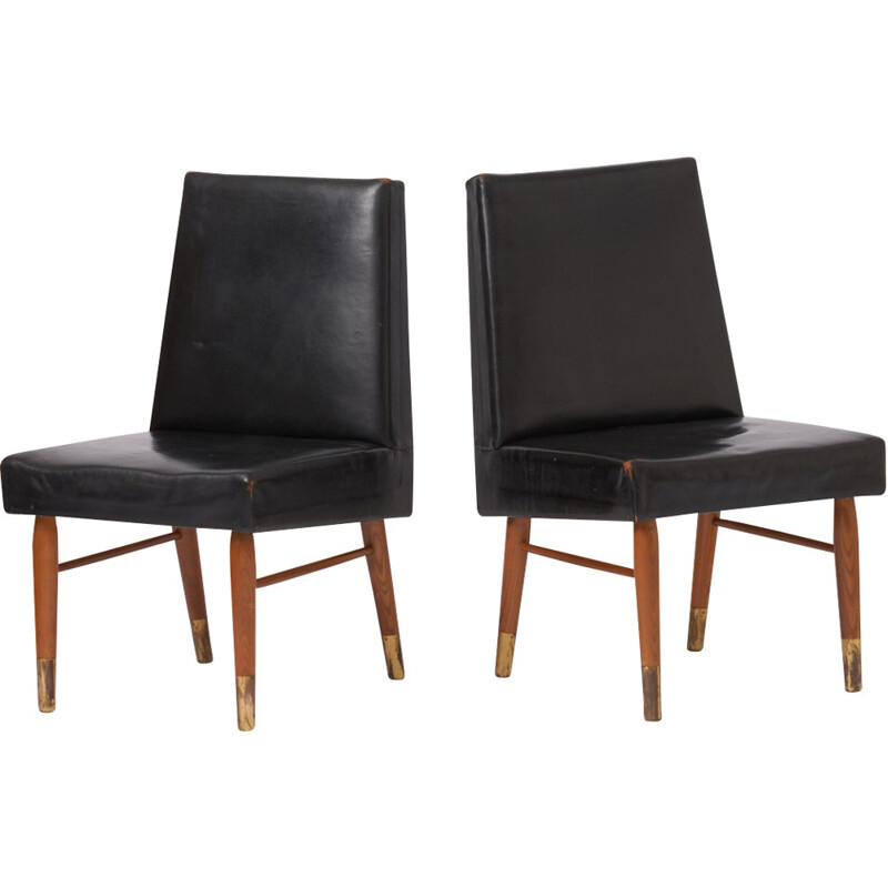 Paar vintage zwart lederen stoelen - 1960