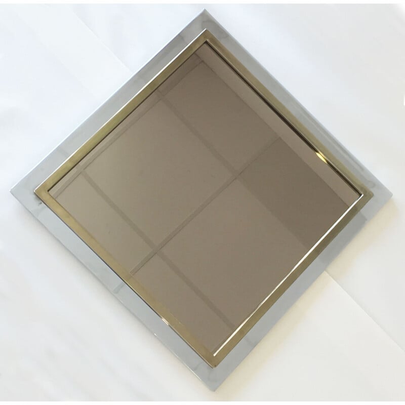 Miroir belgo chrom de forme carré vintage en métal chromé et bronze doré, Belge 1980