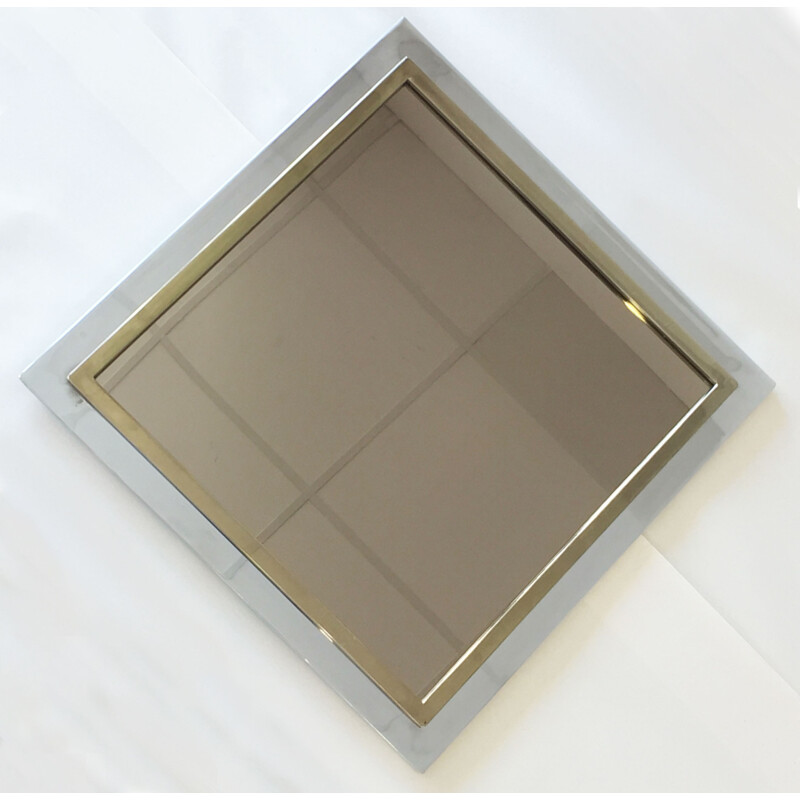 Vintage belgo chromed metal and gilt bronze square mirror, Belgian 1980