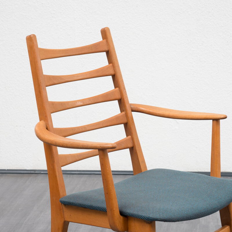 Chair with armrests in beechwood and blue fabric - 1960s