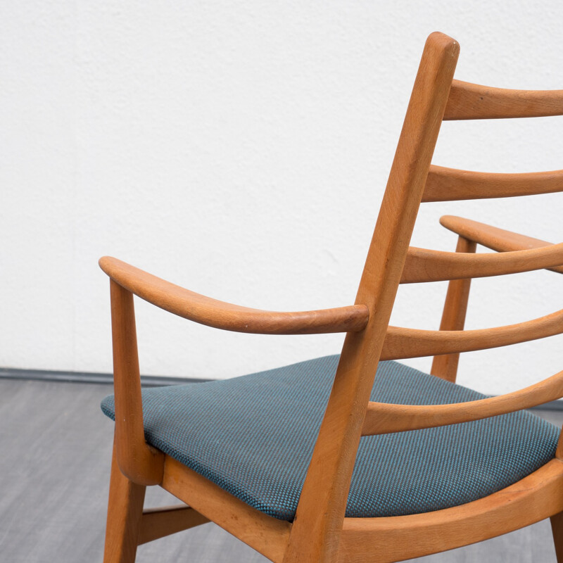 Chair with armrests in beechwood and blue fabric - 1960s