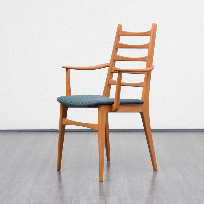 Chair with armrests in beechwood and blue fabric - 1960s