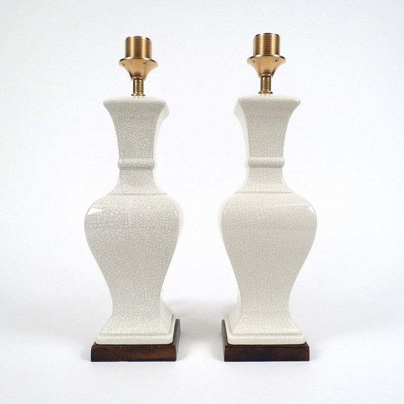 Set of 2 ceramic lamps with a wooden base - 1970s