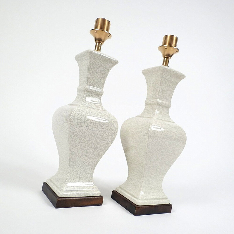 Set of 2 ceramic lamps with a wooden base - 1970s