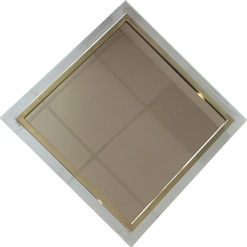 Specchio quadrato d'epoca Belgo in metallo cromato e bronzo dorato, Belgio 1980