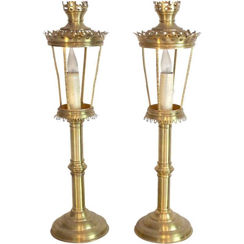 Pair of candleholder lamps in brass - 1970s