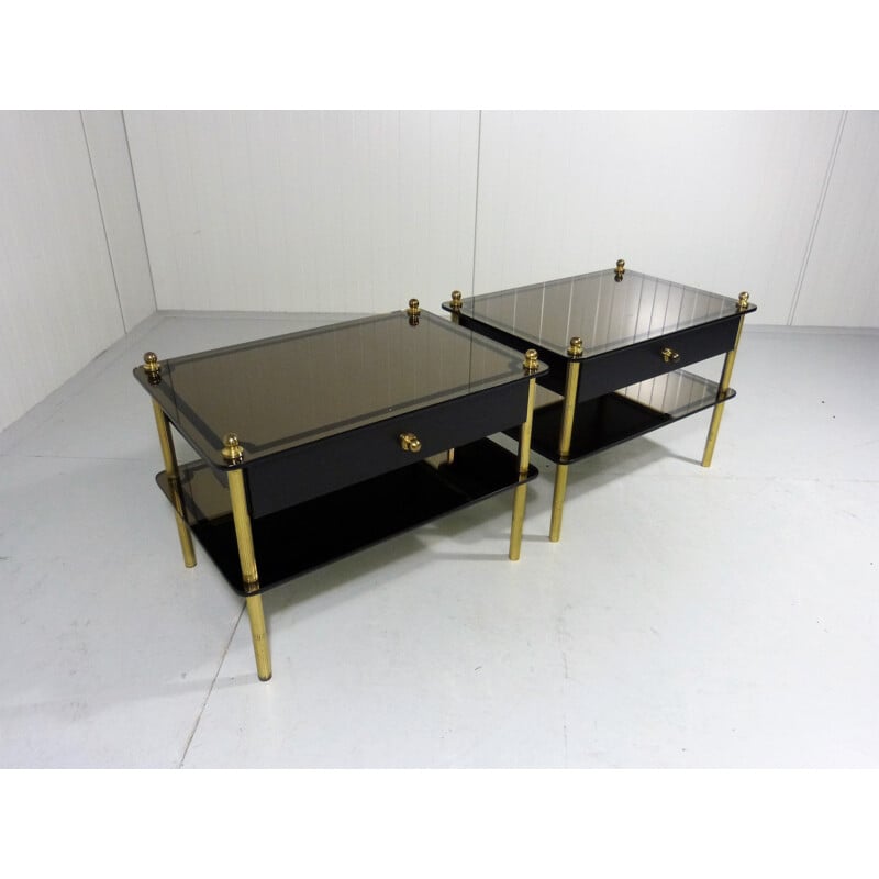 Set of 2 night tables mirror Glass & Brass - 1960s