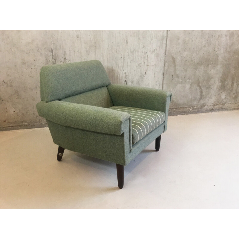 Vintage armchair in teak and green wool - 1970s
