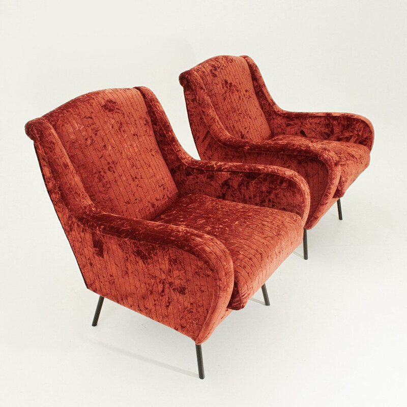 Pair of vintage Italian red velvet armchairs - 1950s