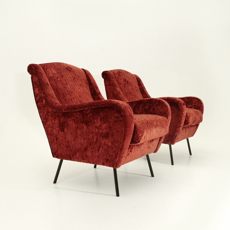 Pair of vintage Italian red velvet armchairs - 1950s