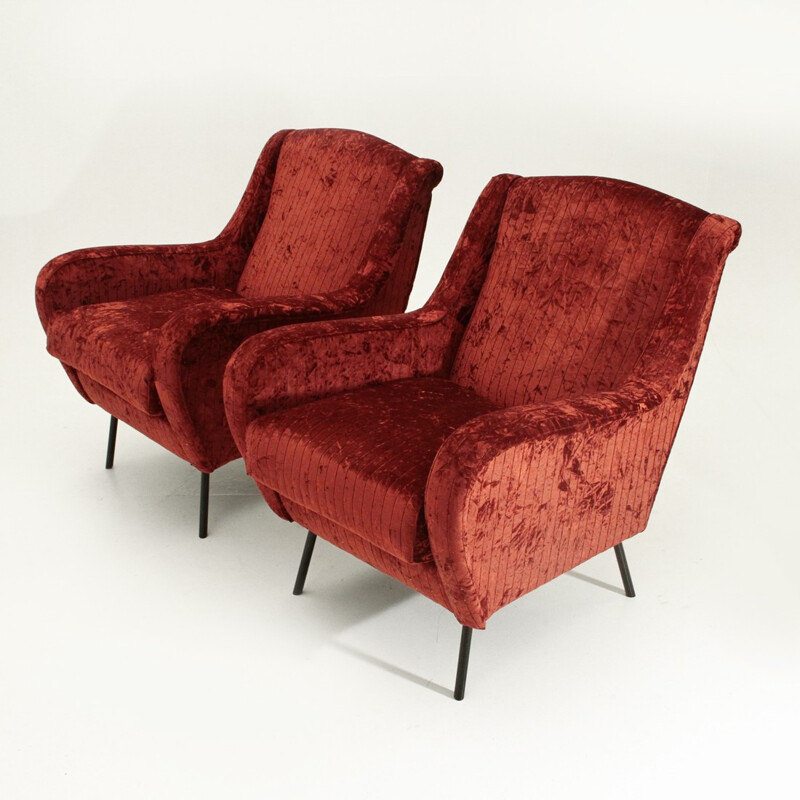 Pair of vintage Italian red velvet armchairs - 1950s