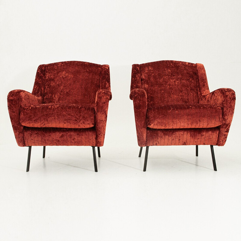 Pair of vintage Italian red velvet armchairs - 1950s