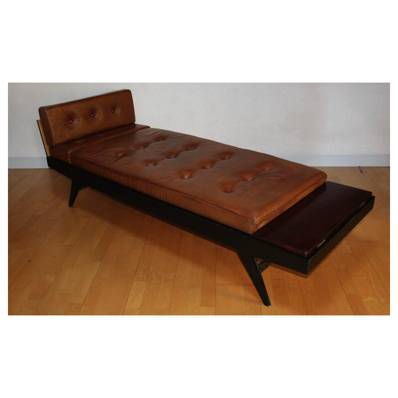 Vintage bench in beech, mahogany and brown leather by Pierre Guariche - 1950s