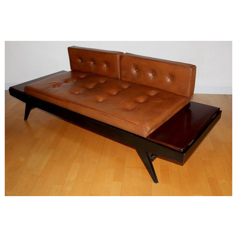 Vintage bench in beech, mahogany and brown leather by Pierre Guariche - 1950s