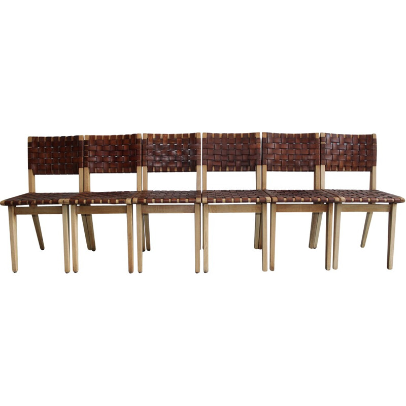 Set of 6 leather chaise by Jens Risom pour Knoll - 1949