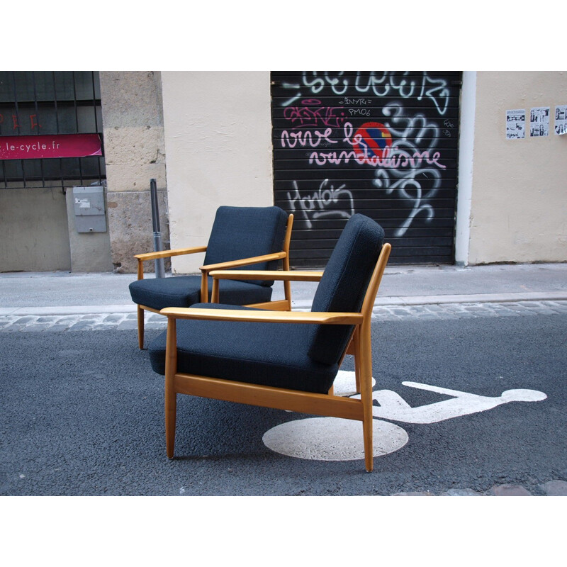 Pair of vintage armchairs in black fabric and teak - 1960s