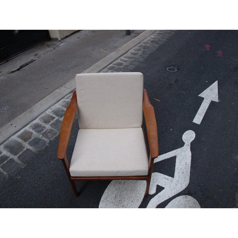 Vintage armchair in teak and beige fabric by Kofod Larsen - 1960s