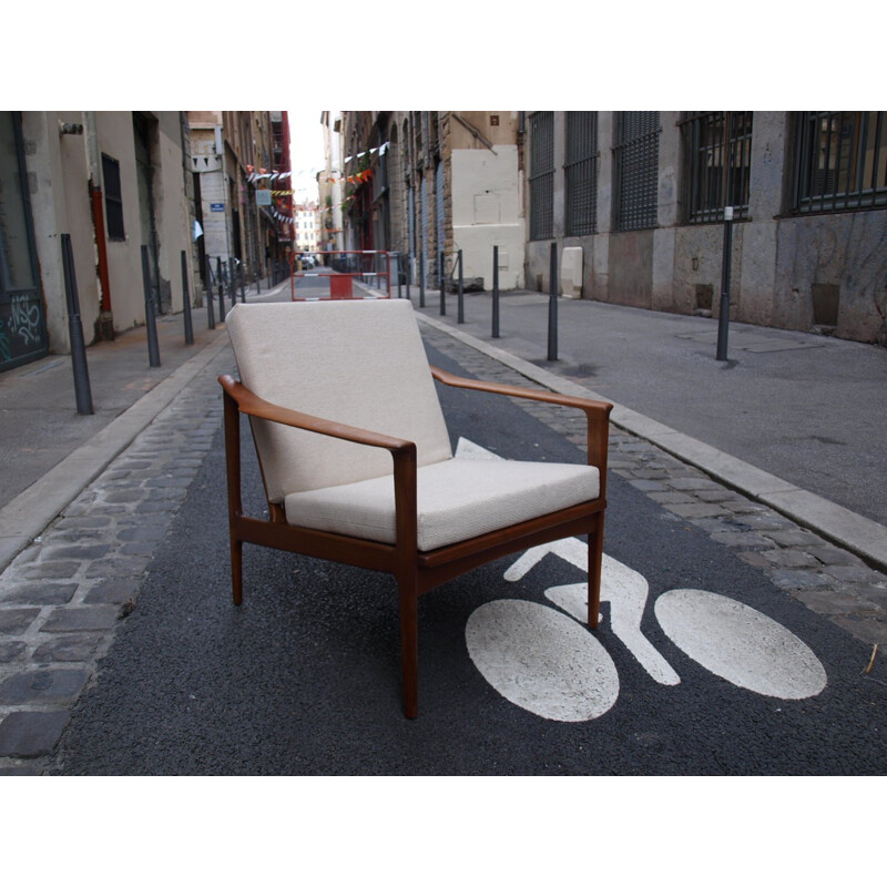 Vintage armchair in teak and beige fabric by Kofod Larsen - 1960s