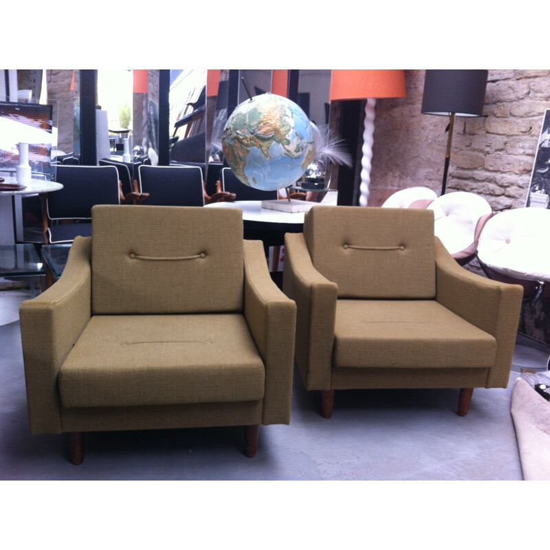 Pair of Steiner armchairs in green fabric and in wood - 1960s