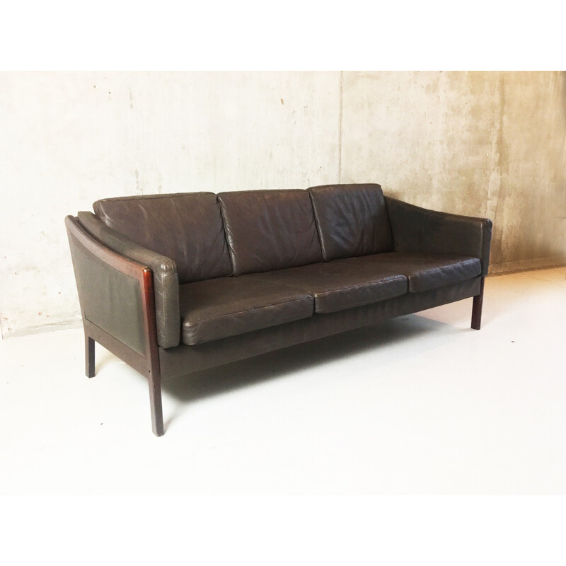 Vintage scandinavian dark brown leather 3 seater sofa - 1970s