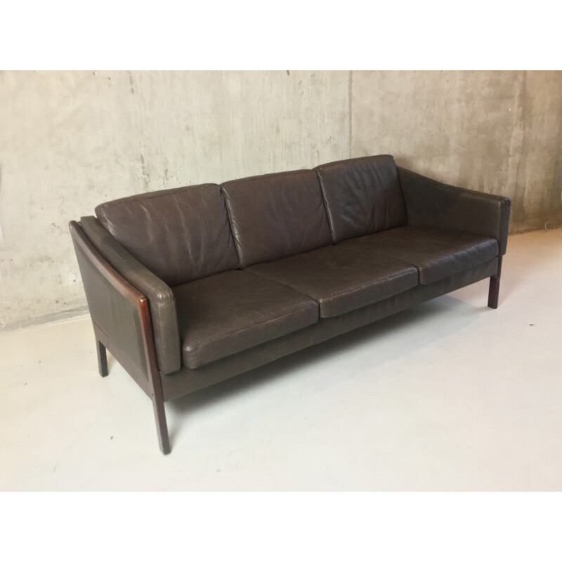 Vintage scandinavian dark brown leather 3 seater sofa - 1970s