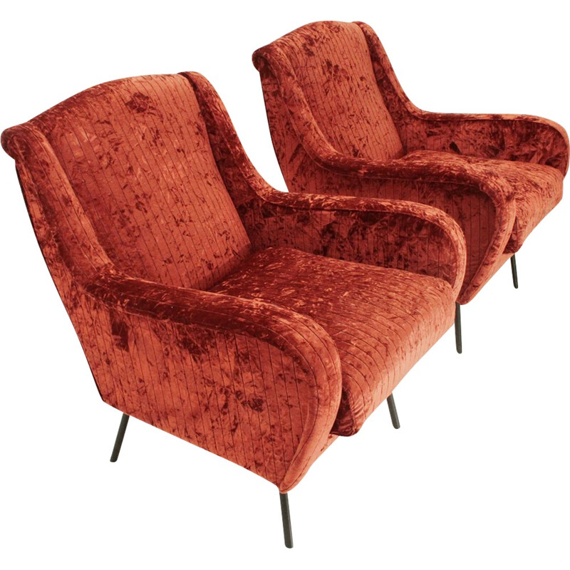 Pair of vintage Italian red velvet armchairs - 1950s