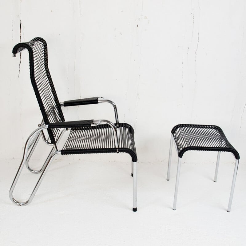 Black scoubidou armchair and ottoman - 1950s