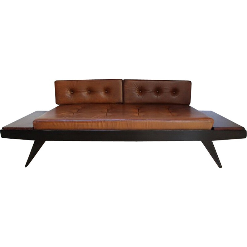 Vintage bench in beech, mahogany and brown leather by Pierre Guariche - 1950s