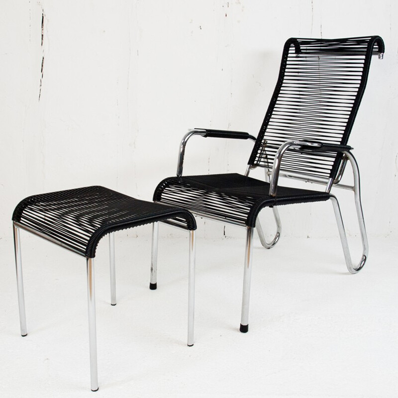 Black scoubidou armchair and ottoman - 1950s