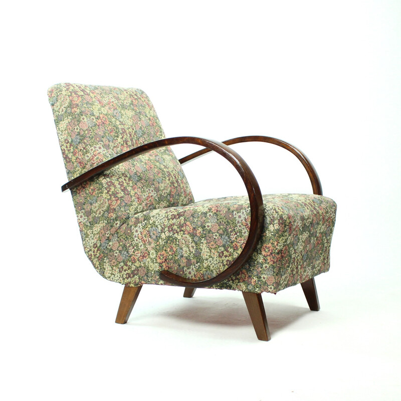 Pair of classical vintage armchairs in floral print fabric de Jindrich Halabala - 1950s