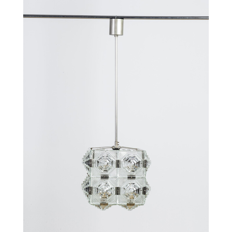 Suspension vintage cubique en verre à motifs géométriques - 1950