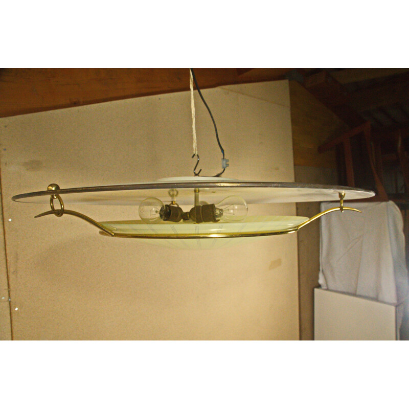German UFO ceiling light with brass and glass - 1950s