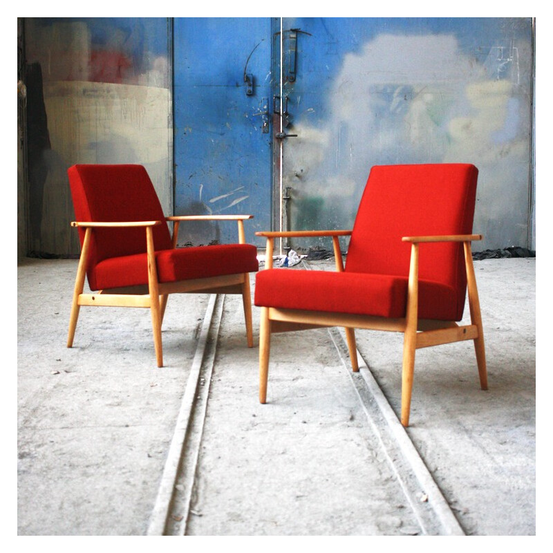 Vintage Polish armchair in wood and red fabric - 1960s 